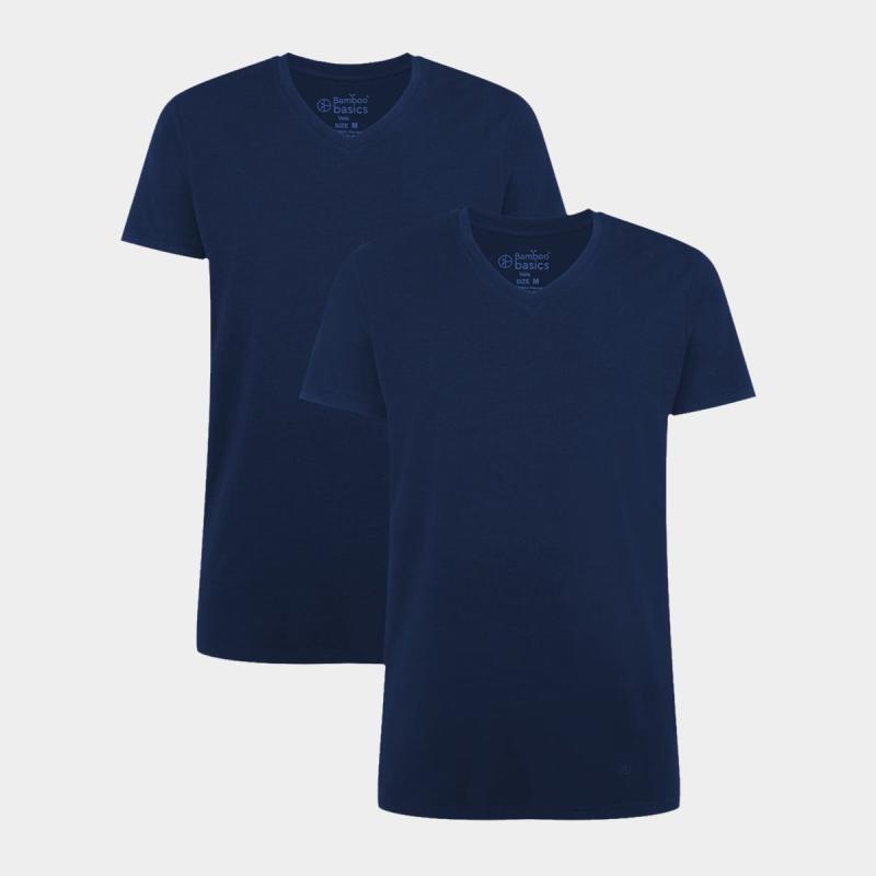 Bambus T-shirt Med V-hals Til Herre - 2 Pak Mavyblå - Bamboo Basics S